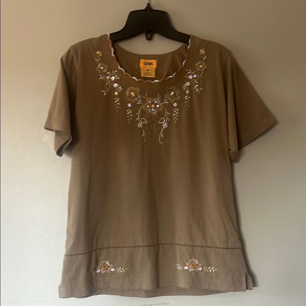 Unik Tan Embellished Short Sleeve Tee